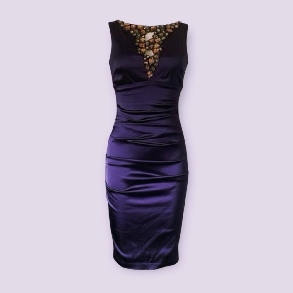 CACHÉ | Quartz Crystal Beaded Ruched Satin Midi Dress